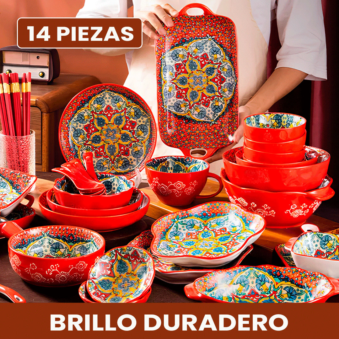 Juego de Comedor Completo en Cerámica – 14 Piezas con Estampa Elegante y Estilo Atemporal
